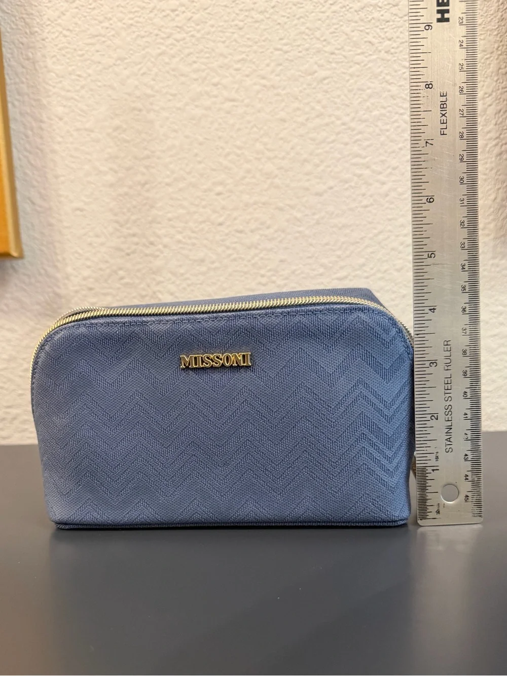 Missoni Delta Luxury Blue Chevron Gold Logo Travel Cosmetic Case Bag NWOT